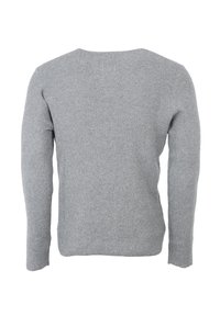 Maglione grigio a maglia con maniche lunghe, scollo rotondo, tessuto testurizzato e delicati dettagli a coste sul retro. Realizzato in un materiale morbido e leggero.