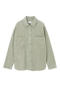 Camisa de pana verde claro con cierre de botones en la parte delantera, dos bolsillos en el pecho y cuello con solapa. Mangas largas con un ajuste relajado.