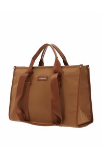Borsa tote in tela marrone con doppi manici superiori e dettagli in pelle a contrasto. Presenta una forma rettangolare e accessori in metallo per una maggiore durata.