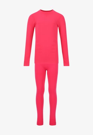 Tuta termico di un vivace rosa, con maniche lunghe e gambe aderenti, realizzato in un tessuto elastico dalla trama liscia e con sottili dettagli a coste.