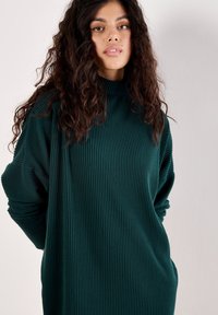 Dunkelgrün, geripptes Turtleneck-Kleid mit langen Ärmeln, das eine lockere Passform und eine weiche Textur aufweist, ideal für den Freizeitlook.