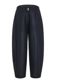Marineblauwe broek met een losse pasvorm, brede pijpen, een elastische tailleband, een zachte textuur en een minimalistisch ontwerp. Geschikt voor casual wear.