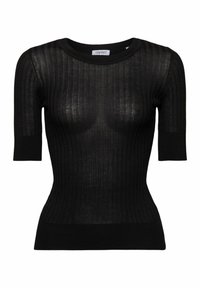 Top corto a maniche corte in maglia nera a costine con scollatura rotonda e silhouette aderente. Il materiale ha una texture leggermente trasparente.