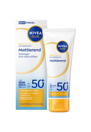 Nivea Sun Mattifying UV face cream SPF 50+ with breathable, lightweight formula and anti-shine effect, shown with packaging and tube.