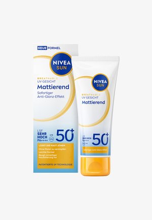 Nivea Sun Mattierende UV-Gesichtscreme LSF 50+ mit atmungsaktiver, leichter Formel und Anti-Glanz-Effekt, gezeigt mit Verpackung und Tube.