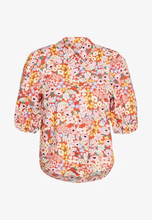 Floral button-up shirt featuring puff sleeves, a collared neck, and a bright pattern of red, pink, yellow, and blue flowers on a light background.