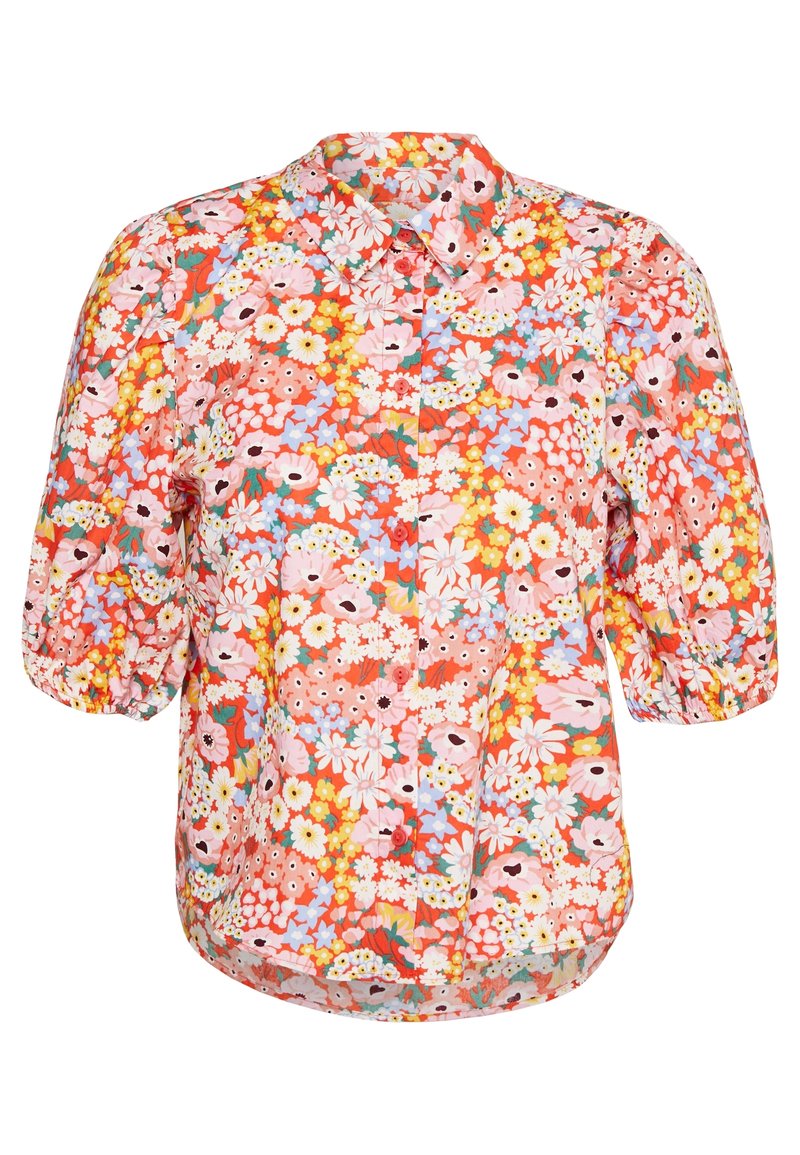 Floral button-up shirt featuring puff sleeves, a collared neck, and a bright pattern of red, pink, yellow, and blue flowers on a light background.