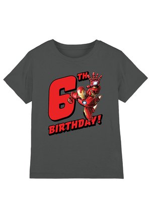 Gray t-shirt featuring a red and black graphic of Iron Man with "6TH BIRTHDAY!" text in bold, playful font. Short sleeves, casual fit.