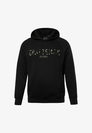 Černá mikina s klokaní kapsou, s kamuflážovým vzorem loga "CRAFTSMAN JP1880" na hrudi a žebrovanými manžetami.
