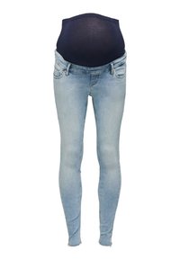 Jeans de maternidad con una banda el�ástica de color azul oscuro, denim azul claro, corte ajustado, diseño de cinco bolsillos y dobladillos desgastados.