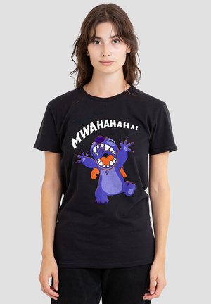 Black cotton t-shirt featuring a purple cartoon character with an open mouth and outstretched arms, accompanied by the text "MWAHAHAHA!"