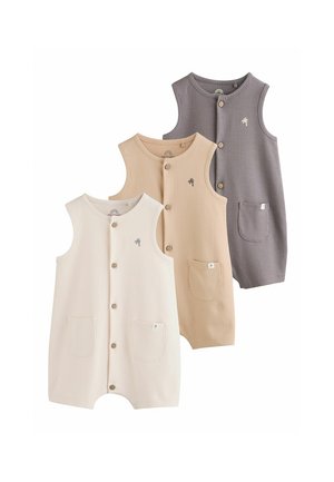 Három ujjatlan bordázott baba rugdalózó bézs, krém és szürke színben, mindegyik elöl gombokkal, kis elülső zsebekkel és pálmafa hímzéssel.