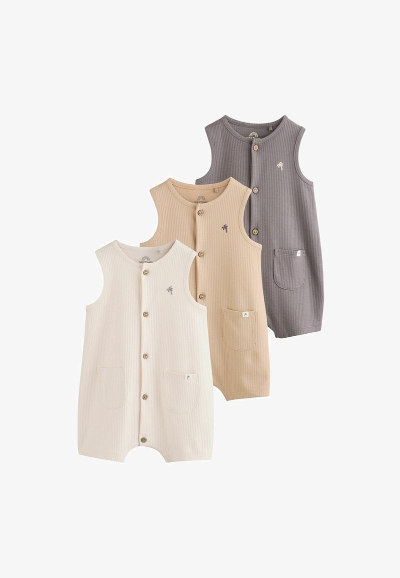 Trois grenouillères bébé sans manches en maille côtelée beige, crème et grise, chacune avec des boutons sur le devant, de petites poches avant et une broderie de palmier.
