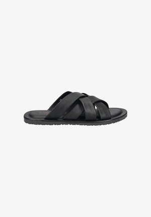 Black leather slide sandals featuring crisscross straps, a flat sole, and textured tread, designed for casual wear.