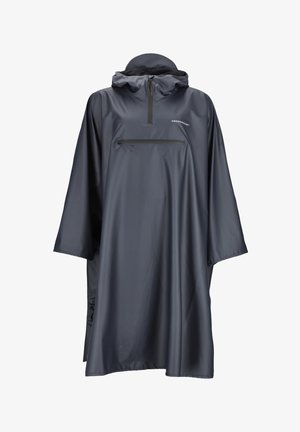 Regenponcho in donkergrijs, gemaakt van waterdicht materiaal. Heeft een hoge kraag, een halve rits aan de voorkant en een borstzak met rits.