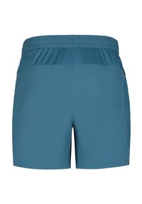 Turkosa idrottsshorts i lättviktsmaterial, med elastisk midja, slät yta och en enkel design utan mönster.