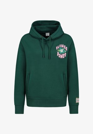 Grüne Kapuzenjacke aus weichem Material mit einer vorderen Kängurutasche, einer verstellbaren Kapuze und einem "Flower Power"-Motiv in Pink und Grün.