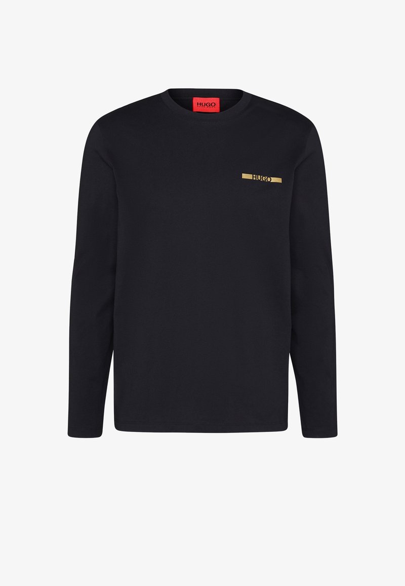 Zwart T-shirt met lange mouwen van katoen, met een klein goudkleurig logo op het linkerborstgebied. Rechte zoom en ronde halslijn.