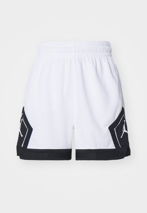 Valkoiset urheilushortsit mustilla yksityiskohdilla, joissa on elastinen vyötärö, sivutasku logolla ja geometrinen kuvio.