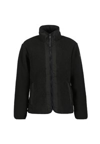 Mustat fleece-takit, joissa on korkea kaulus, vetoketjusulku ja sivutaskut. Takissa on pehmeä teksturoitu pinta ja kontrastiväriset kankaat.