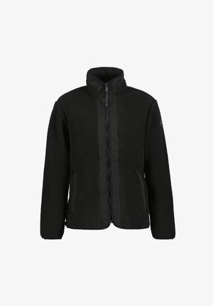 Mustat fleece-takit, joissa on korkea kaulus, vetoketjusulku ja sivutaskut. Takissa on pehmeä teksturoitu pinta ja kontrastiväriset kankaat.