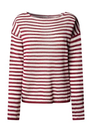 Maglione a maniche lunghe in maglia con strisce orizzontali rosse e bianche e scollo rotondo.