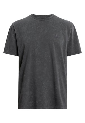 Grijze T-shirt met korte mouwen van een zachte, versleten stof. Heeft een ronde hals en een klein, contrasterend logo op de borst.