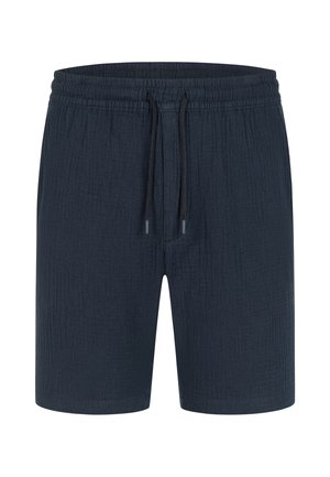 Shorts bleu foncé en tissu texturé, avec une taille élastique et un cordon de serrage. Design simple, coupe au genou, sans poches.