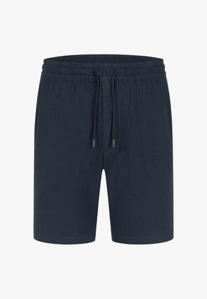 Dunkelblaue Shorts aus strukturiertem Stoff, mit elastischem Bund und Kordelzugverschluss. Einfaches Design, knielanger Schnitt, keine Taschen.