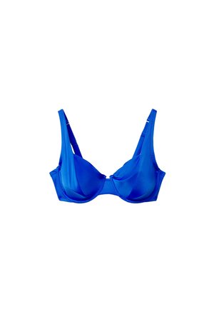 Reggiseno con ferretto blu con spalline regolabili, coppe a piena copertura e tessuto liscio, isolato su sfondo bianco.