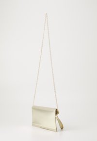 Metaalachtige gouden clutch met een gladde textuur, rechthoekige vorm en een afneembare kettingriem. Voorzien van een gouden sluiting en een polsband.