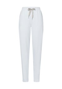 Lätta vita sweatpants med elastisk midja, justerbar beige dragsko och smalnande ben för en bekväm passform.