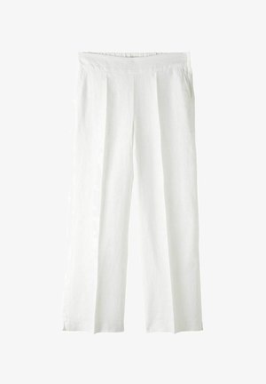 Witte linnen wijde pijpen broek met een hoge taille en geplooide voorkant, met een soepele textuur en losse pasvorm. Geen zichtbare hardware of accenten.