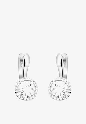Silberne Tropfohrringe mit einem großen zentralen klaren Stein, umgeben von einem kleineren, kristallverzierten Halo. Glatte, polierte Oberfläche.