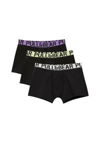 Három pár fekete boxer alsónadrág, kontrasztos elasztikus derékkal. A felső derékpánt lila, a középső világos zöld, az alsó pedig fehér fekete felirattal.