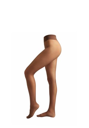 Legs wearing sheer brown pantyhose with a solid brown waistband, one foot flat and the other on tiptoe, isolated on white background.