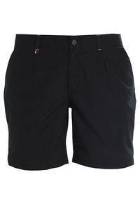 Short noir mi-longueurs avec passants de ceinture, bouton avant et plis subtils près des poches de chaque côté.