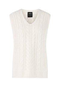 Cream-colored knitted sleeveless sweater vest with cable patterns and V-neck collar, featuring a black brand label inside the neckline.