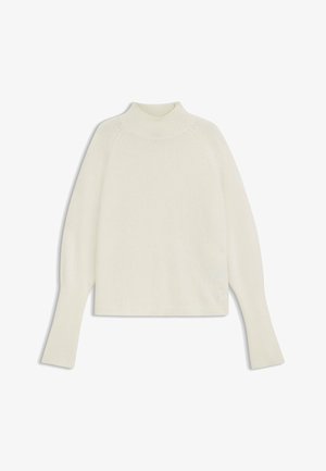 Crème kleurige trui met een hoge, geribbelde hals. Heeft raglanmouwen en een licht cropped ontwerp, gemaakt van zachte, textuurstof.