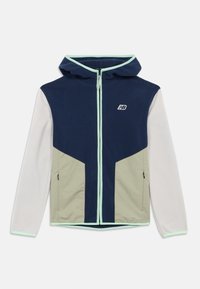 Men’s zip-up hooded jacket with navy blue, beige, and light gray color blocks, zippered pockets, and mint green trim on hood and cuffs.