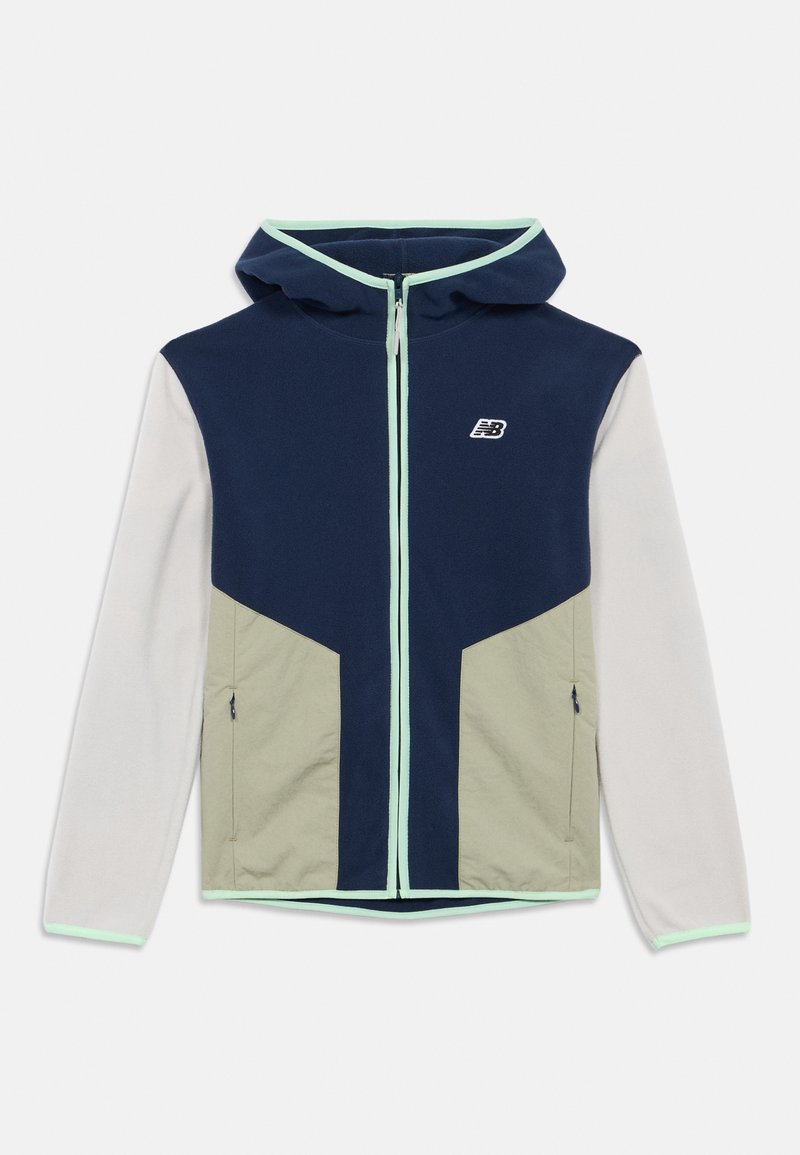 Men’s zip-up hooded jacket with navy blue, beige, and light gray color blocks, zippered pockets, and mint green trim on hood and cuffs.