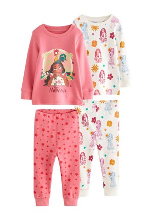 To sæt børnepyjamas med lange ærmer og bukser, med Moana-figurprint og blomstertryk i pink og hvide farver.