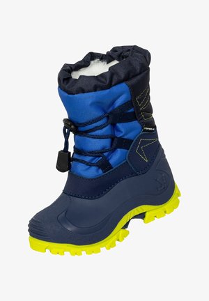 Blaue und marineblaue wasserdichte Winterstiefel mit einer strukturierten Gummisohle, elastischem Schnürverschluss und einer plüschigen weißen Fütterung oben. Neon-gelbe Akzente.