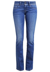 Raka blå denimjeans med en blekt tvätt, femficksdesign och dubbelknappsstängning. Klassiska sömnadsdetaljer genom hela byxan.