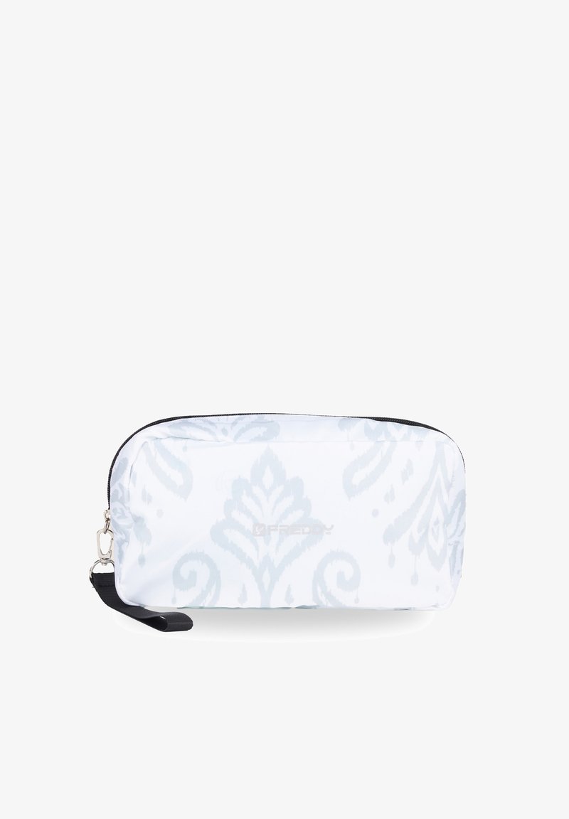 Borsa cosmetica bianca con motivo damascato azzurro chiaro, chiusura con zip e una tracolla nera. Realizzata in un materiale liscio e resistente.