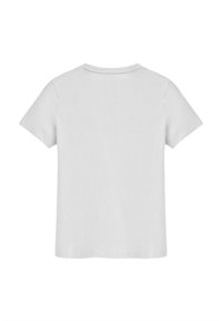 T-shirt bianca a maniche corte con collo rotondo, realizzata in cotone morbido, caratterizzata da un design semplice e una texture liscia.
