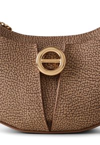Brown textured leather bag with a gold circular hardware accent, featuring a distinct seam design and smooth zipper closure.