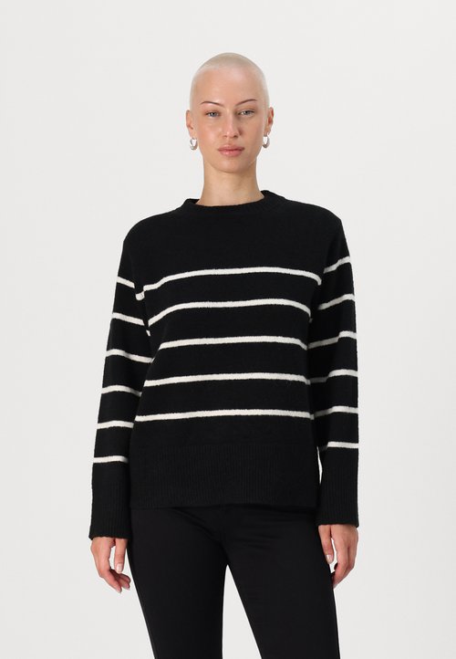 VERO MODA Vmsaba Plain LS Ga Noos Pull En Tricot à Col Rond Pour Femme, Noir/rayures : Bouleau, S