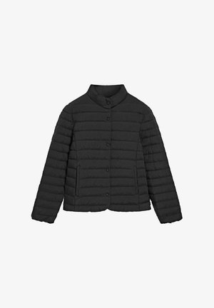 Veste matelassée noire avec col montant, fermeture à boutons-pression, manches longues et deux poches latérales, présentée sur un fond blanc.