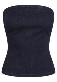 Top in denim senza spalline di colore blu scuro, design aderente con texture liscia e leggero svaso in fondo, con dettagli di cucitura minimi.